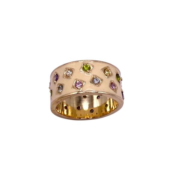 Sterling Silver Gold Vermeil Enamel Wide Band Ring With CZ Crystals - Picture 2 of 6